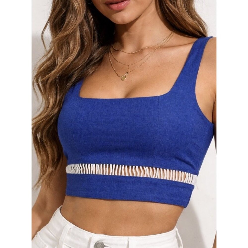 NWT Staud Midnight Blue Mantis Crop Top SZ 00 Square Neck Side Zip Beach Summer